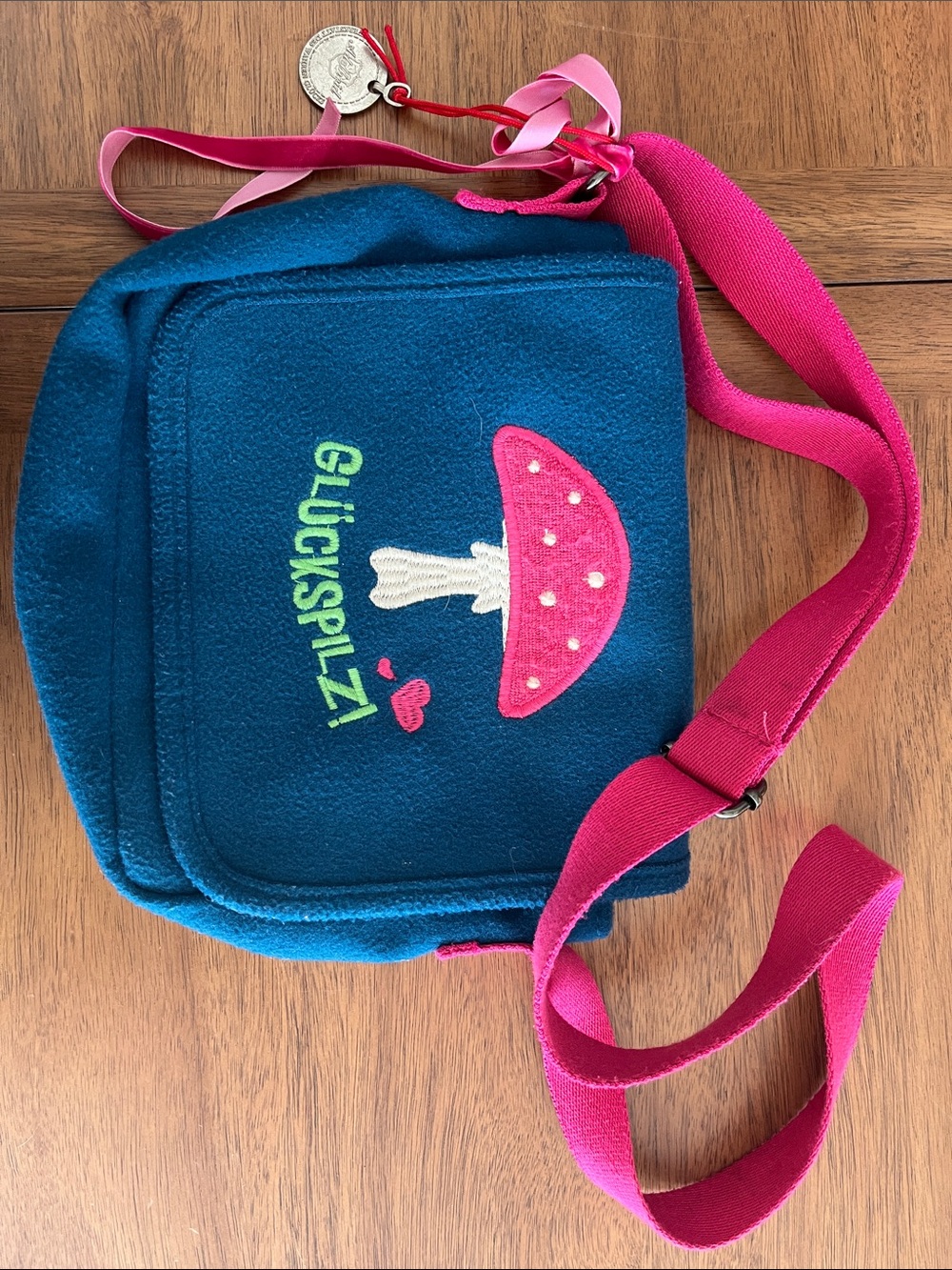 German Kids Crossbody Bag with Pink Mushroom Design - Blue/Pink
